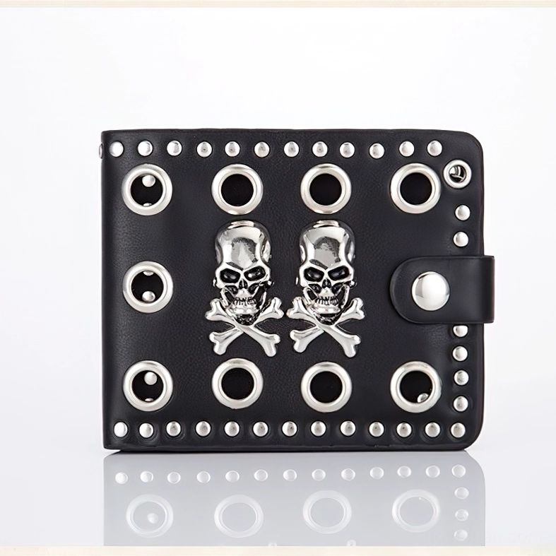 Black PU leather punk wallet with embossed double skulls and metal grommets