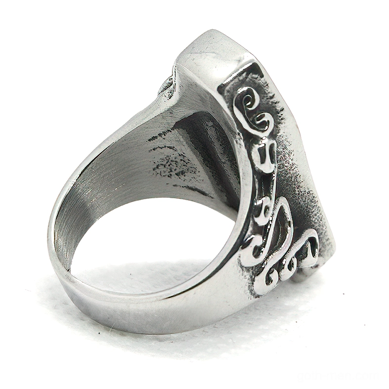 Gothic coffin ring inner side showing engraved stainless steel band and ring interior construction