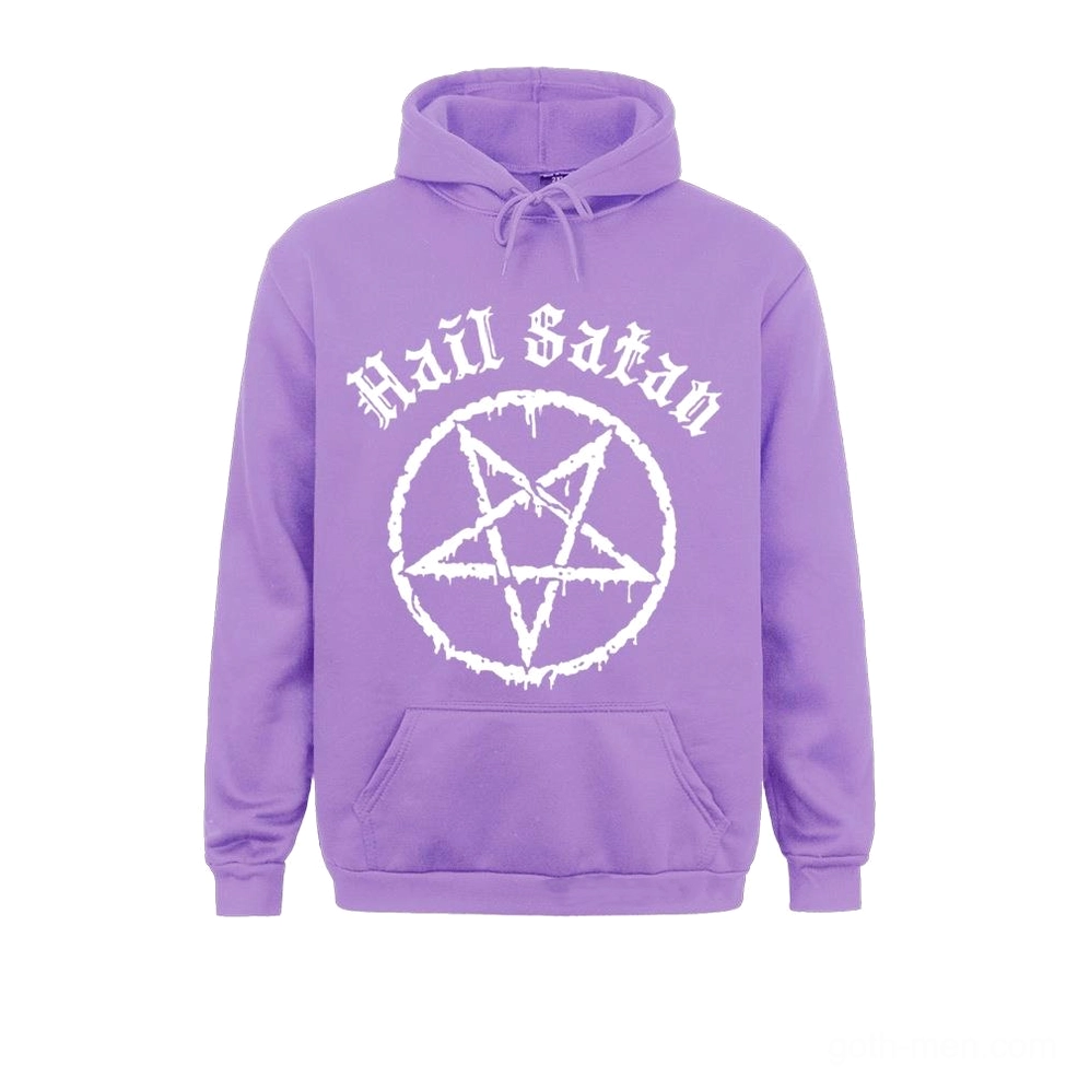 Light lavender purple occult hoodie with white Hail Satan text and inverted pentagram, mystical gothic design