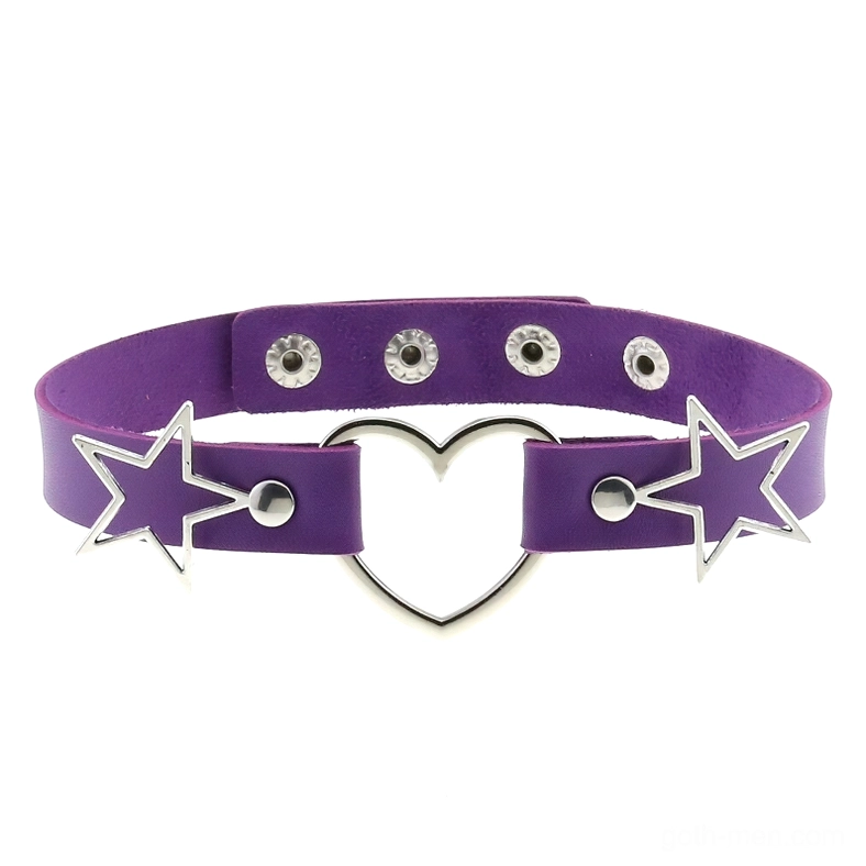 Purple leather choker with silver metal heart and star decorative accents, flat lay product photography for gothic style jewelry