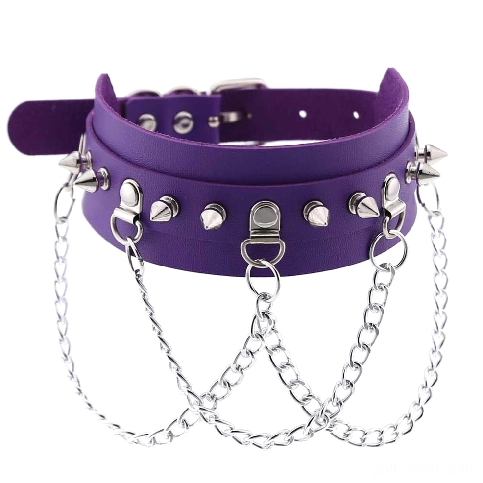 Purple vegan leather spiked choker with zinc alloy spikes and multi-layer chains, classic gothic aesthetic