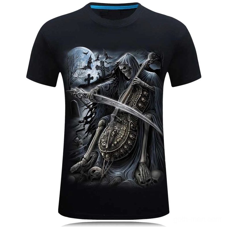 Black gothic reaper musician skull t-shirt with 3D printed graphic and blue collar trim, front view on flat display