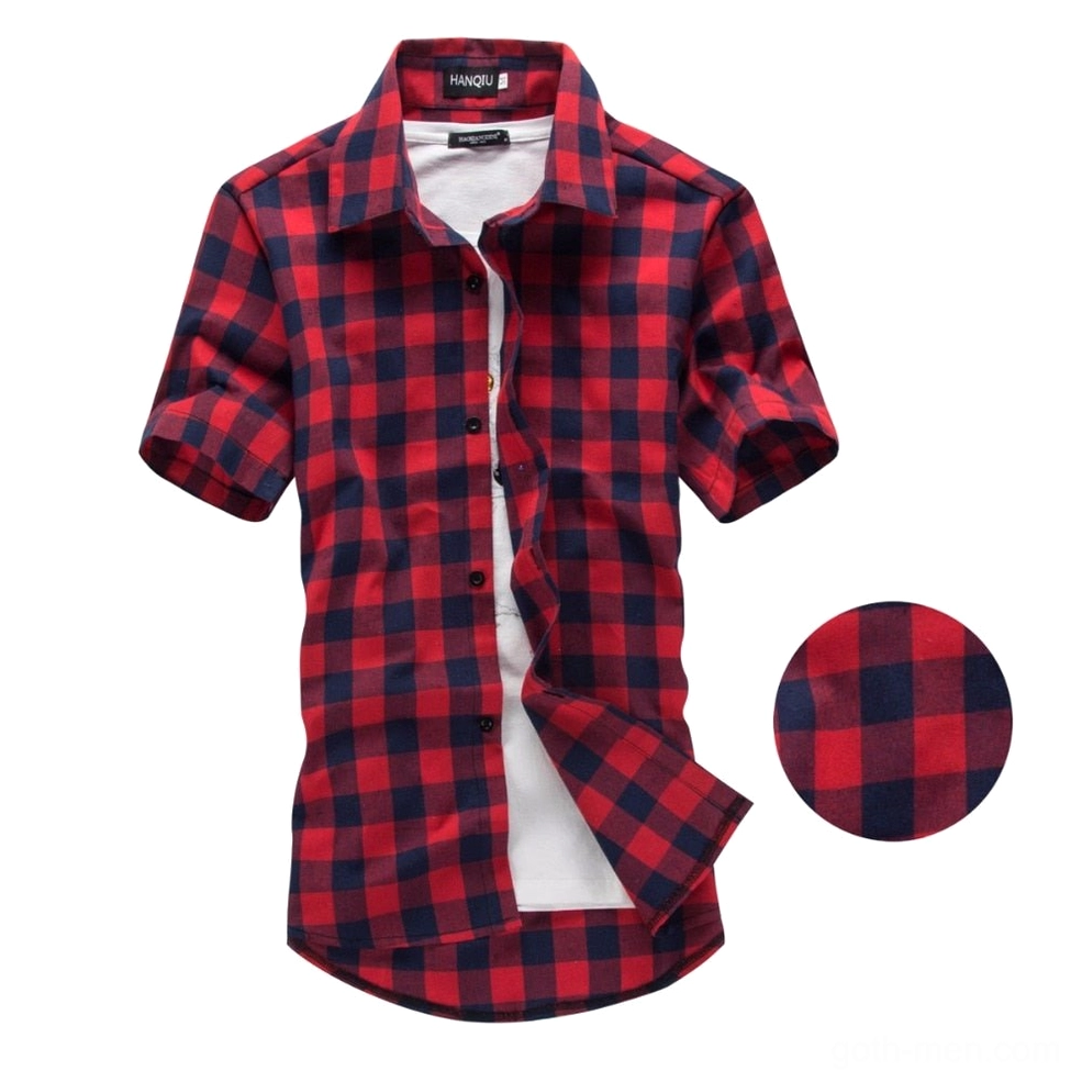 Red and black buffalo check gothic plaid shirt for men - classic grunge aesthetic with color swatch