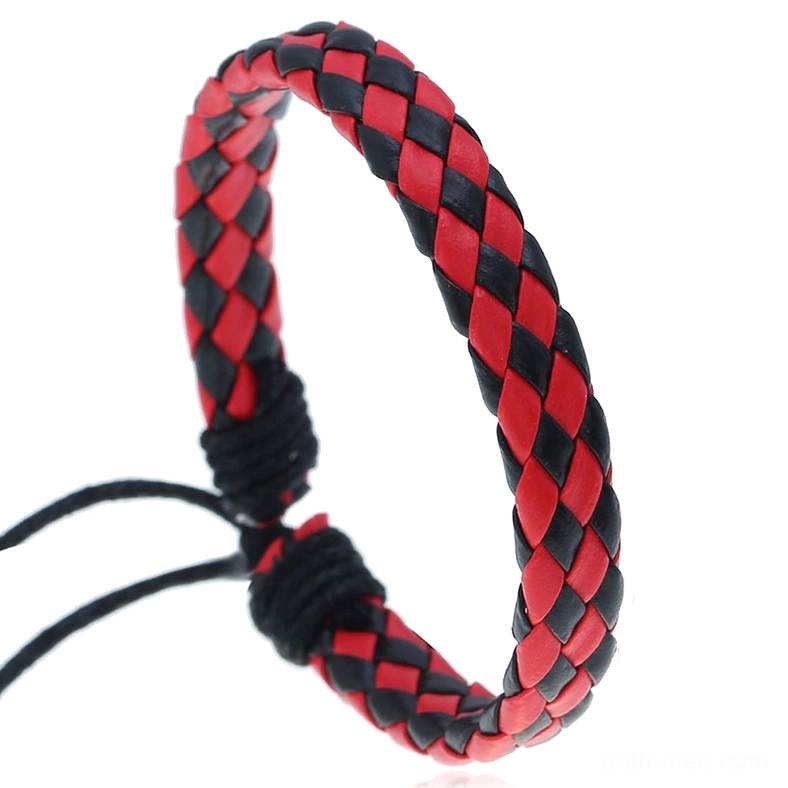 Red and black checkerboard gothic braided leather bracelet with color-block grid weave pattern