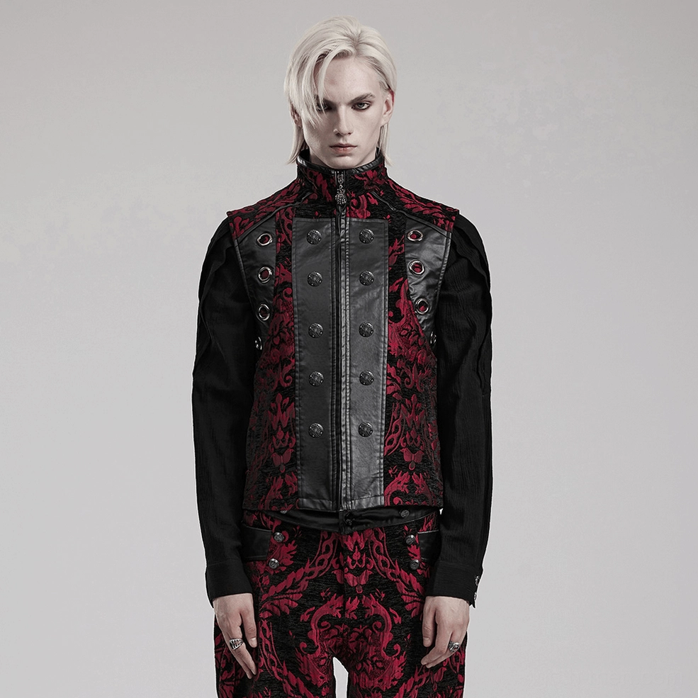 Gothic damask waistcoat men's fashion piece, displaying stand collar, intricate red-black brocade pattern, faux leather accents, and alternative fashion styling potential