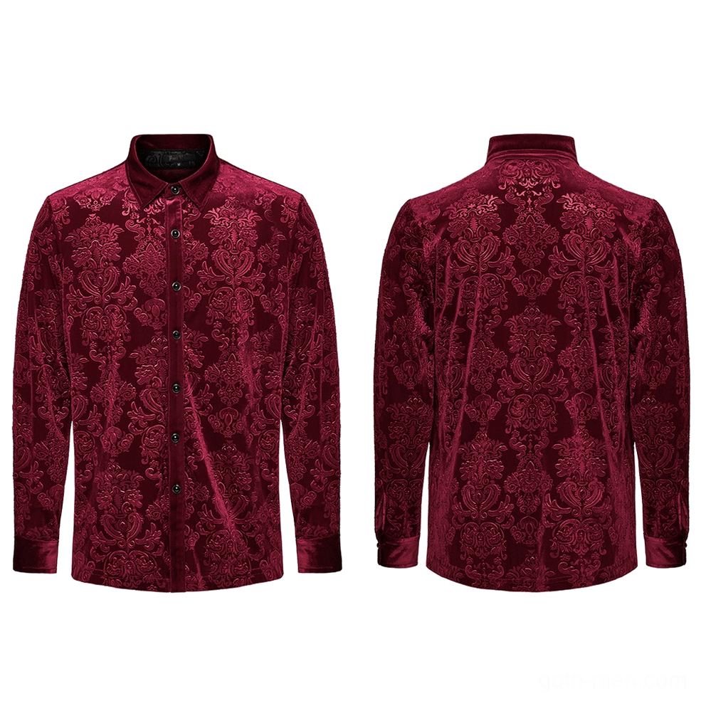 Flat lay front and back view of red damask velvet gothic formal shirt showing full garment construction and design
