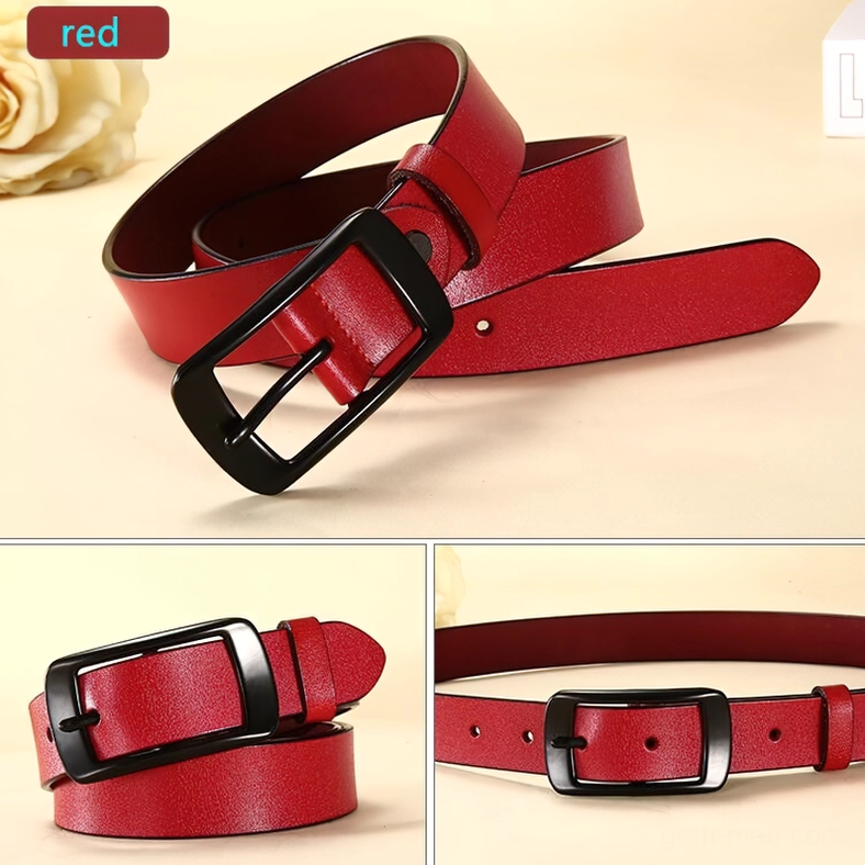 Bright red genuine leather gothic pin buckle belt with matte black rectangular buckle, bold alternative fashion statement