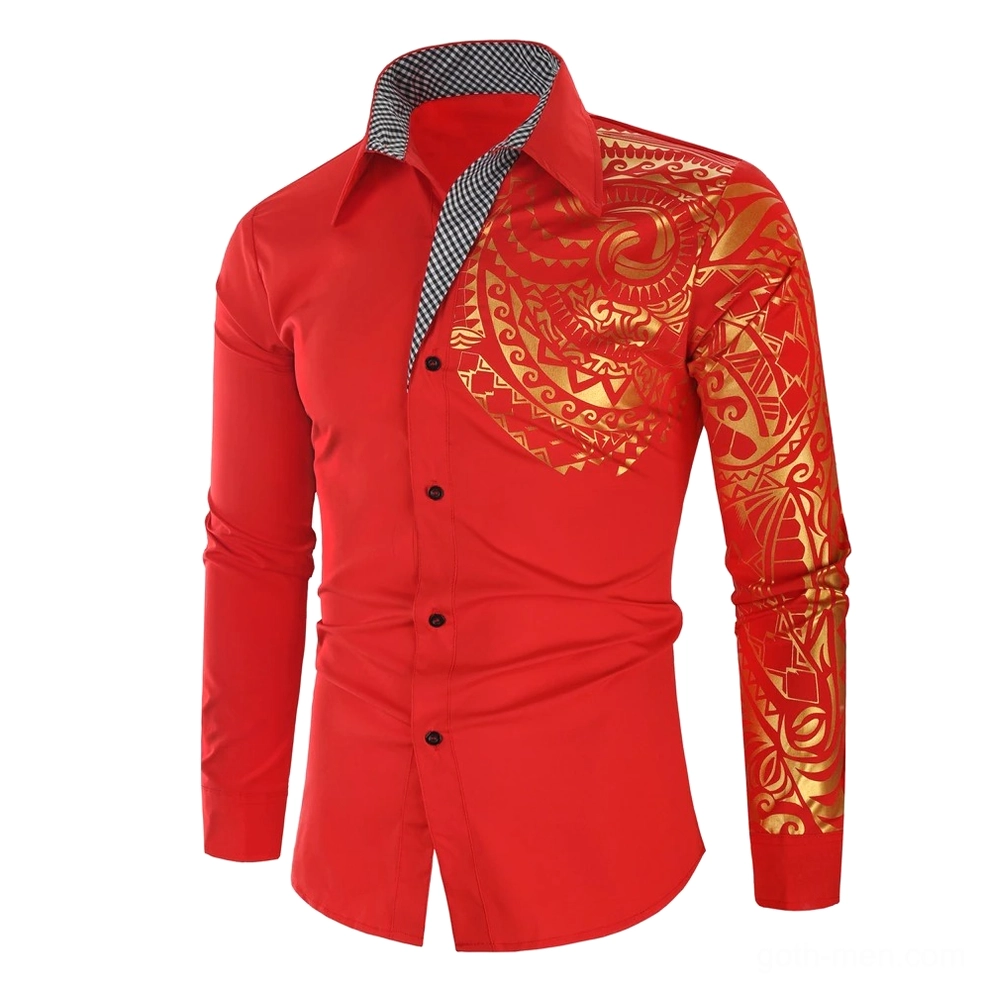 Red gothic men's shirt with gold tribal patterns front view alternative fashion