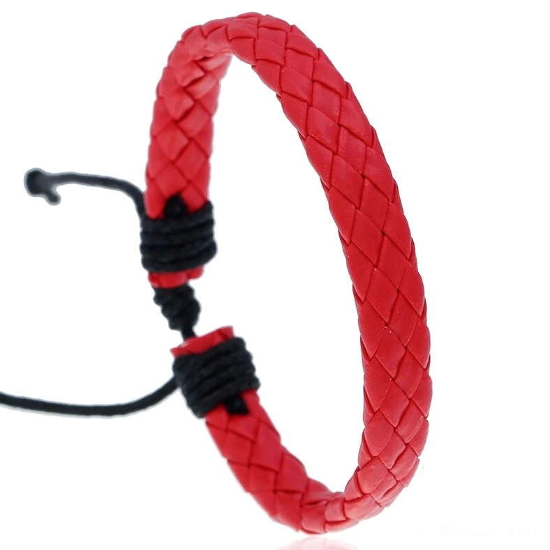 Solid red gothic braided leather bracelet with plain red woven texture and adjustable fit