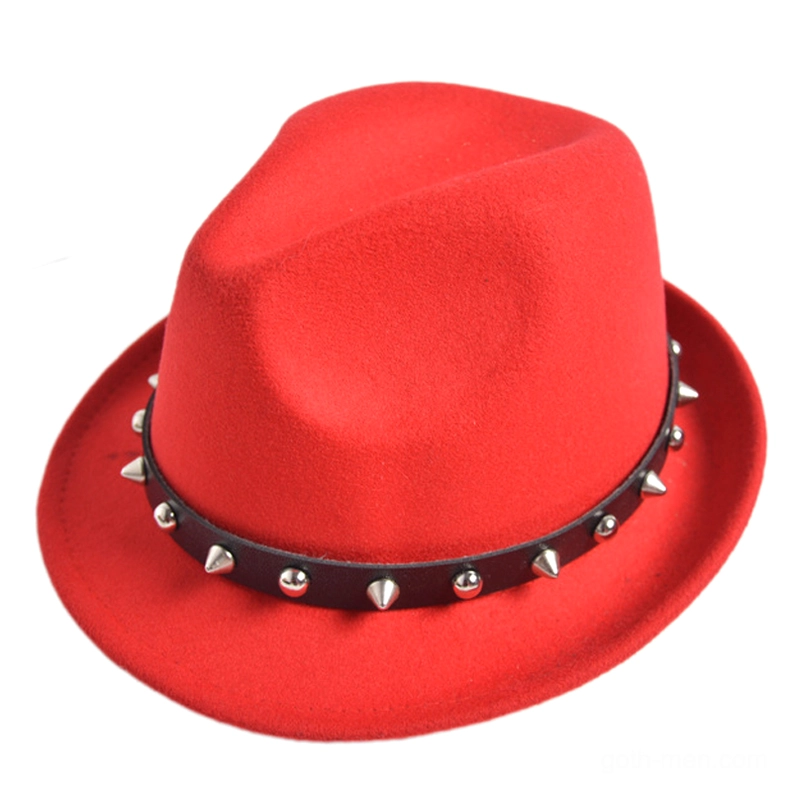 Red studded gothic fedora with metal spikes and rivets, rock style wool hat