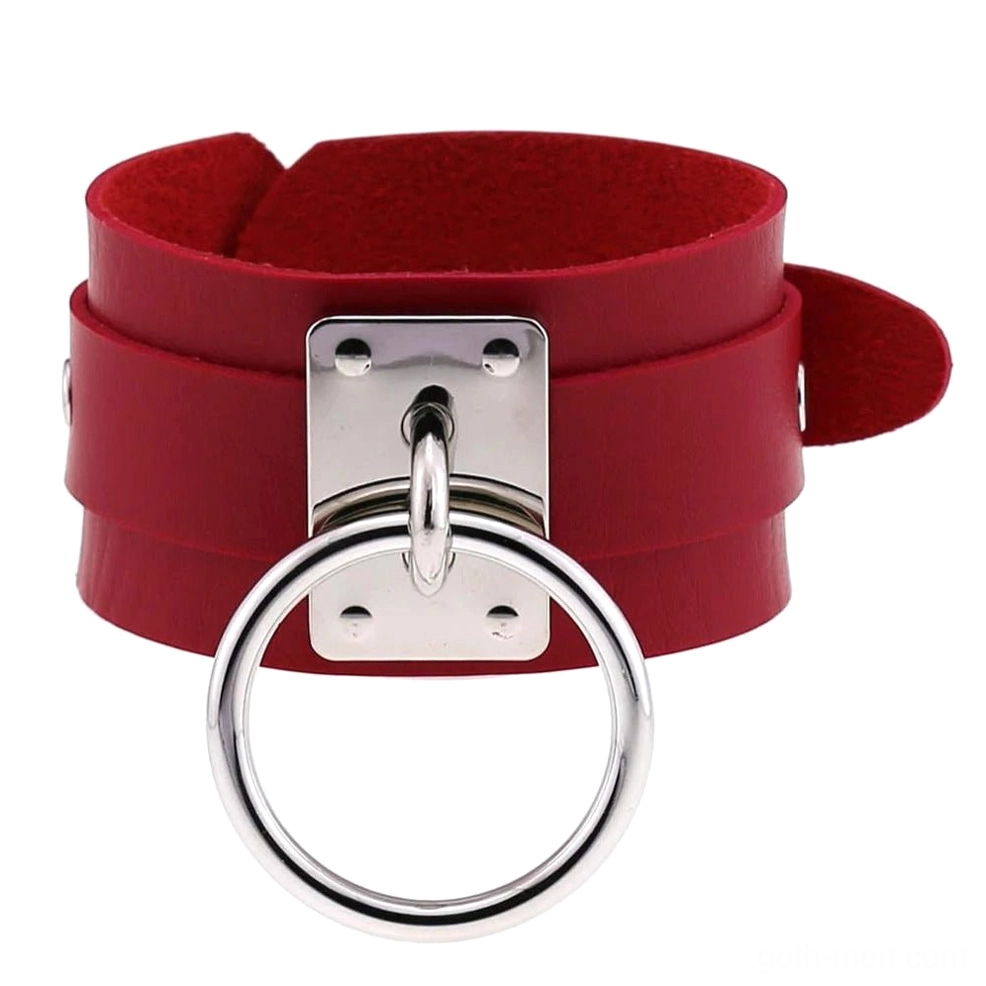 Red leather gothic cuff bracelet with silver decorative rings, bold dark aesthetic jewelry