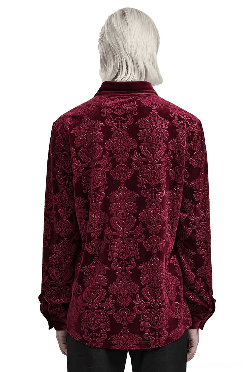 Back view of red gothic velvet formal shirt highlighting full baroque damask embossed pattern across entire back