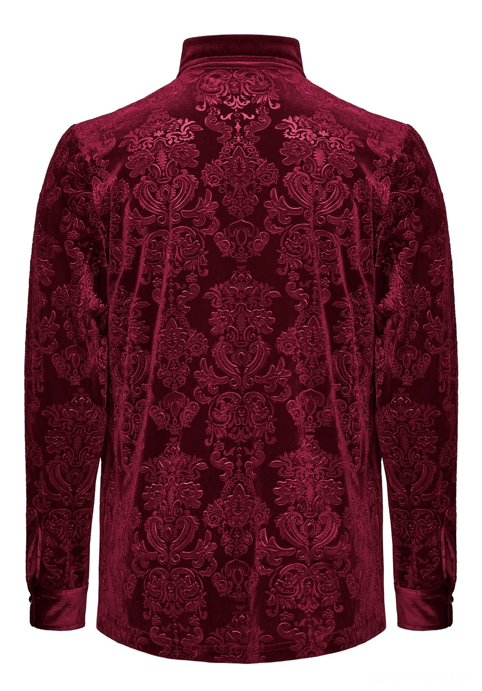 Back flat lay view of red gothic velvet formal shirt showing complete damask floral embossed textile pattern