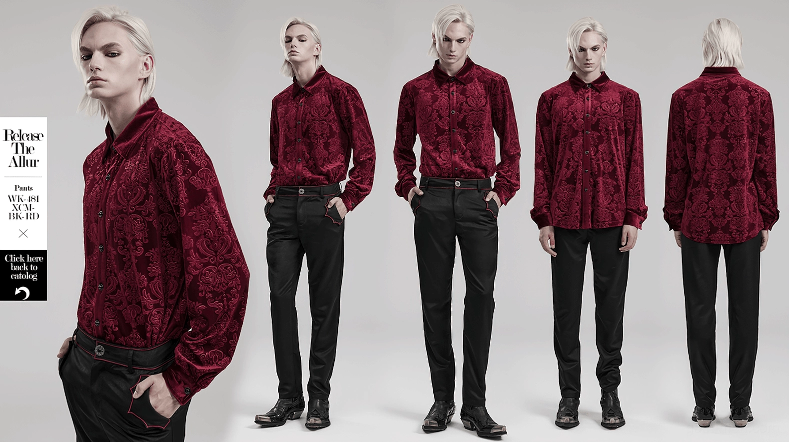 Back three-quarter view of red gothic velvet formal shirt showing full embossed damask pattern and tailored construction