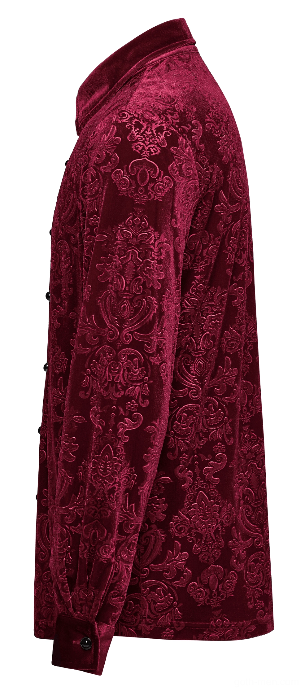 Side profile view of red velvet gothic shirt highlighting fitted silhouette and buttoned cuff construction