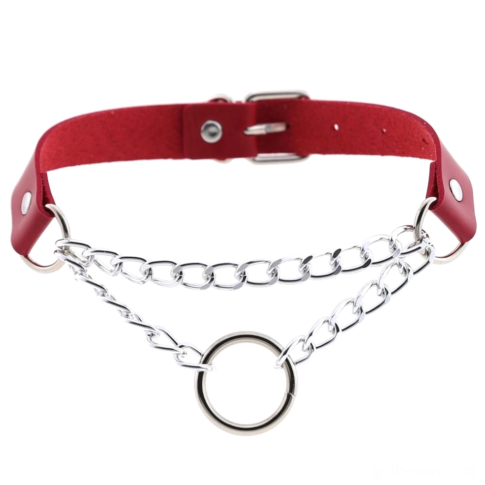 Wine red PU leather gothic chain choker with double silver metal chains, central ring pendant, adjustable buckle, dark romantic aesthetic
