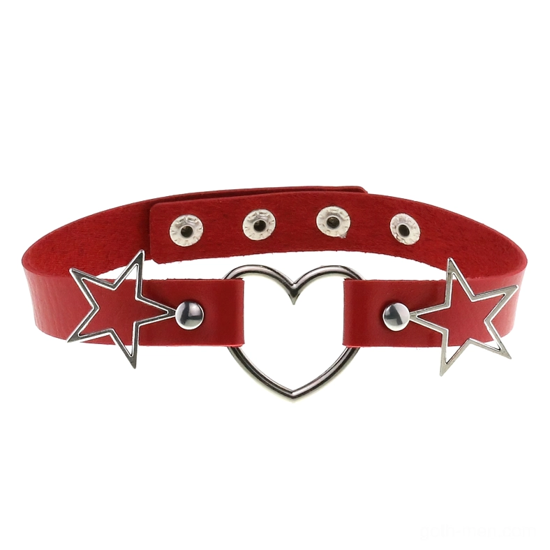 Red PU leather choker necklace with silver heart and star metal accents, flat lay product photography for gothic style accessories