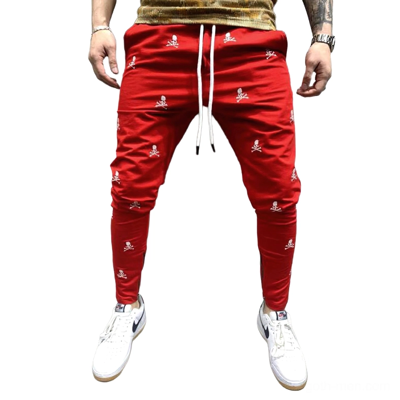 Red all-over skull printed gothic lace-up pencil pants, dark aesthetic mens skinny trousers with drawstring closure