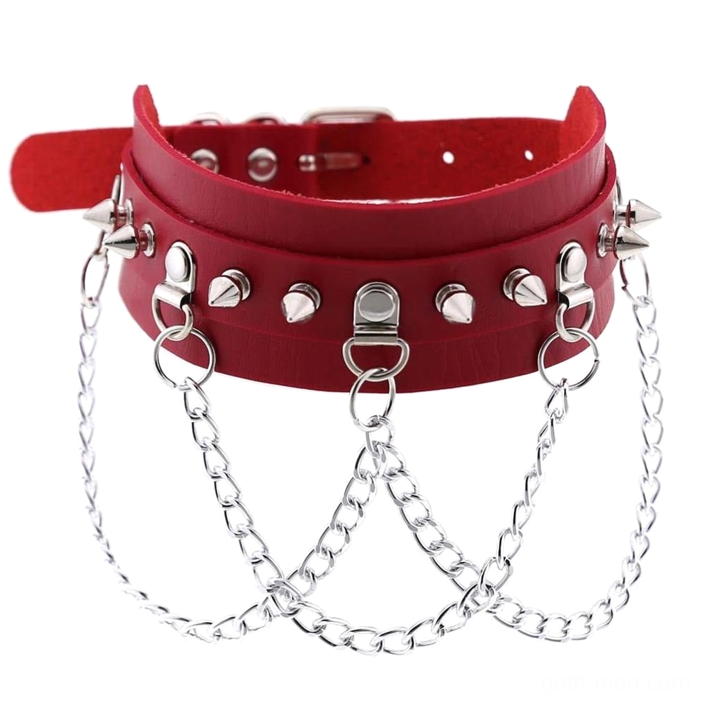 Red vegan leather spiked choker with prominent cone spikes and layered metal chains, bold gothic jewelry