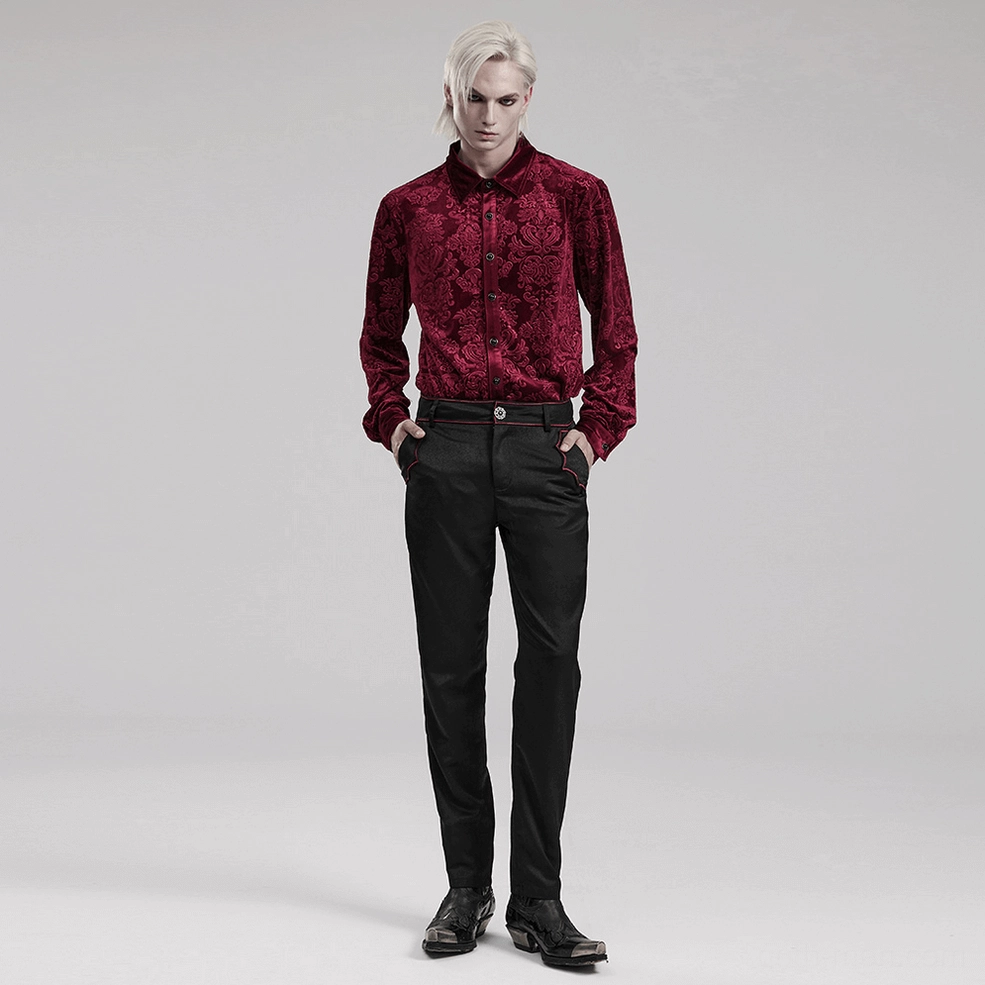 Three-quarter front view of red velvet gothic shirt with embossed baroque damask floral pattern and formal collar