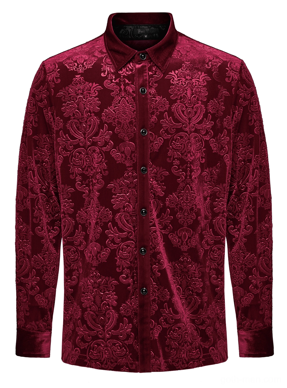 Front flat lay view of red velvet gothic formal shirt with button-down closure detail and embossed floral design