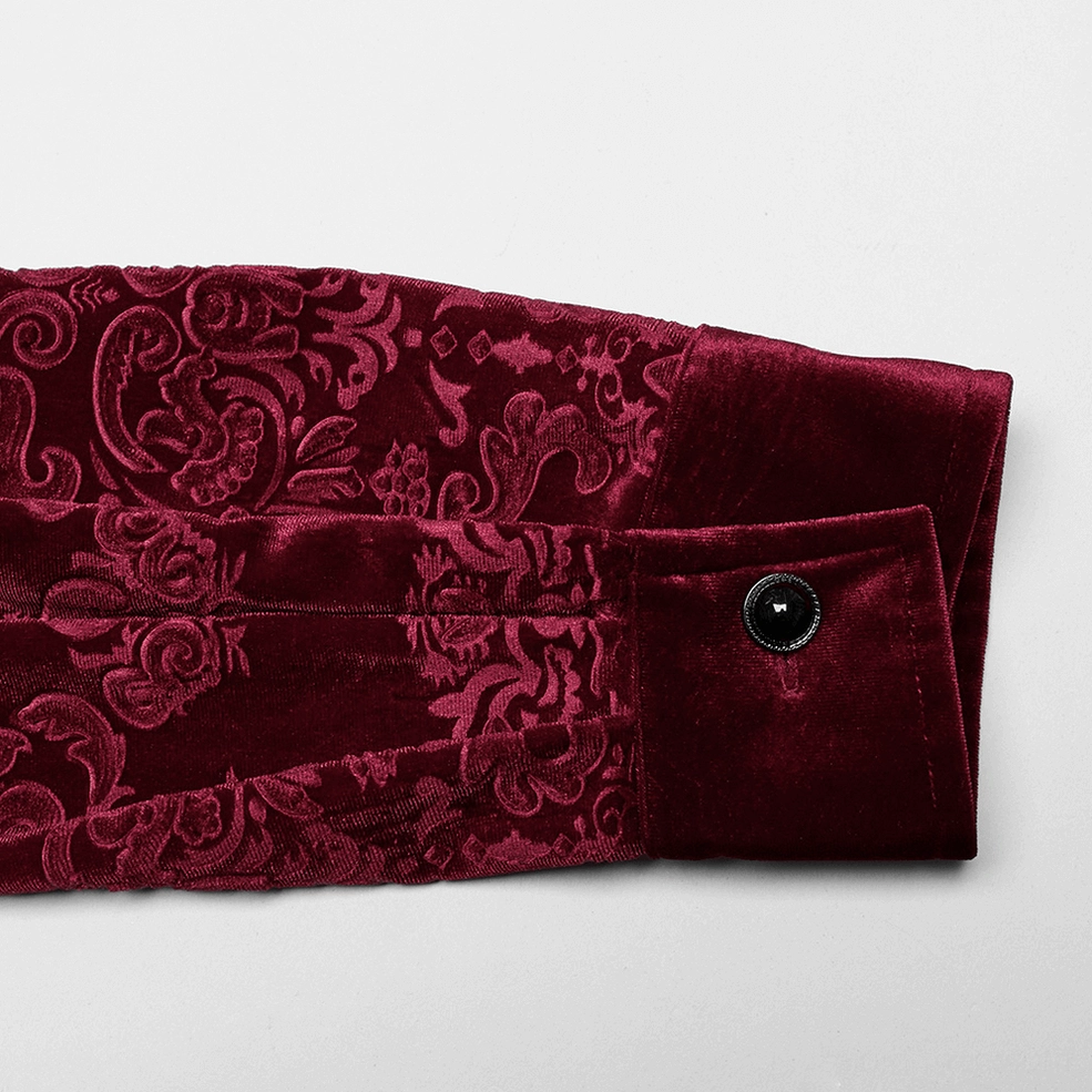 Red velvet gothic formal shirt full front view on androgynous male model wearing burgundy embossed damask shirt
