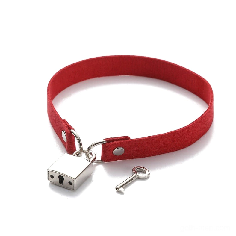 Red velvet lock choker with silver padlock and matching key - gothic choker necklace statement piece