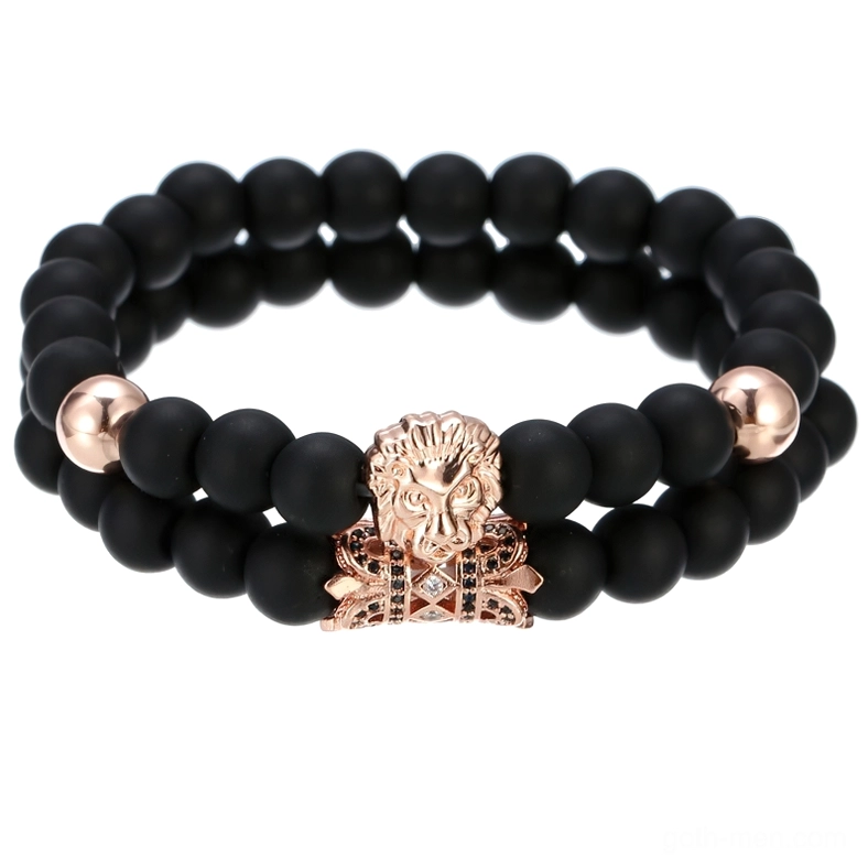 Rose gold lion head gothic bracelet with black stone beads - unisex charm bracelet
