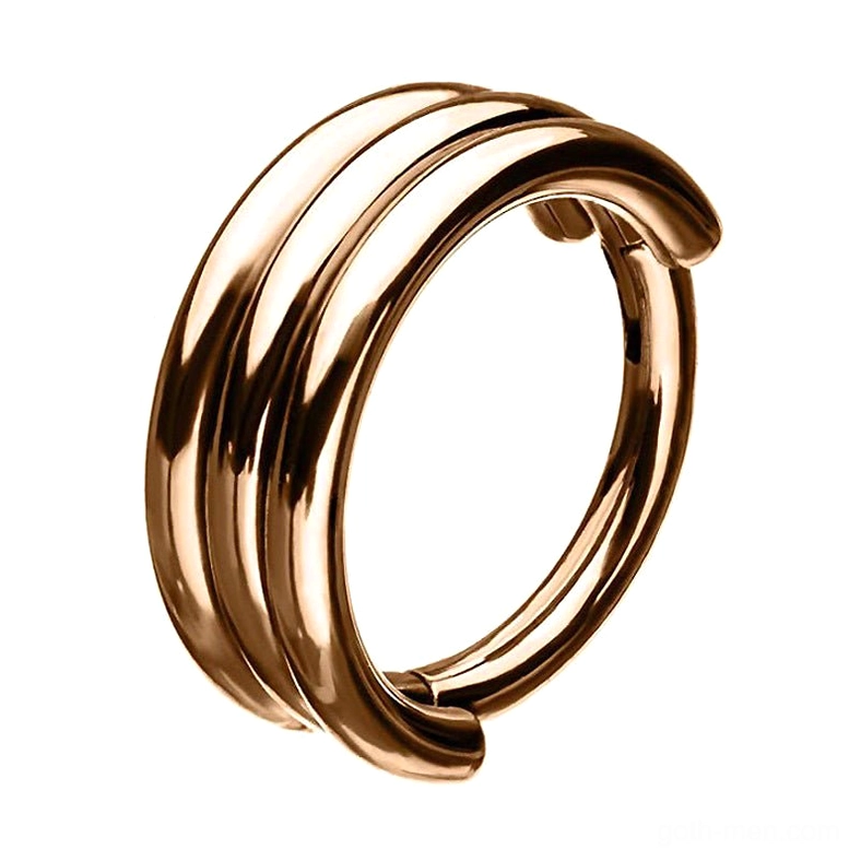 Rose gold triple-layer hinged clicker nose ring - close-up detail showing warm metallic finish and layered band construction