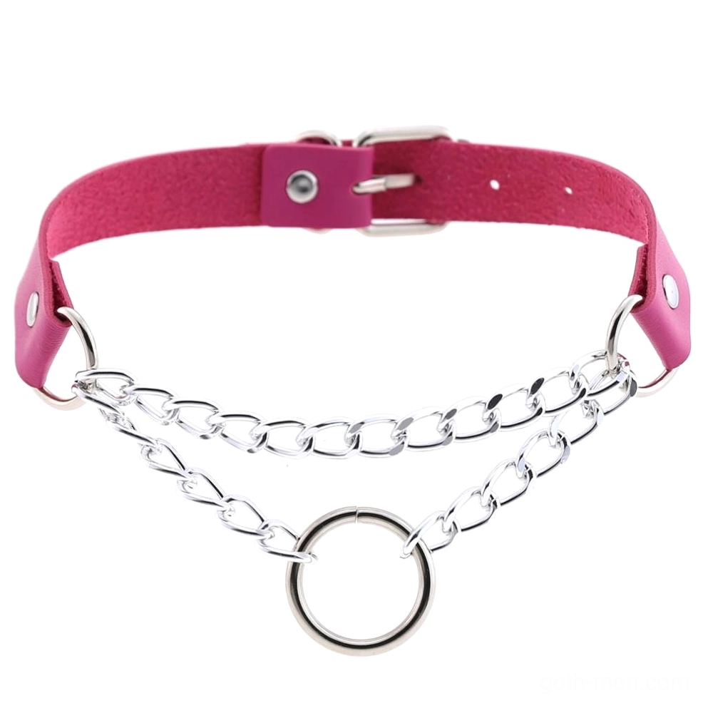 Rose red leather choker necklace with decorative silver chains and O-ring, adjustable pin buckle, gothic punk style jewelry