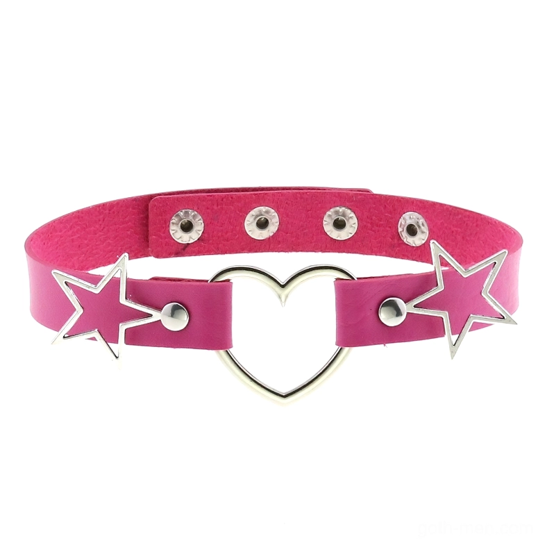Rose red PU leather choker necklace featuring silver heart pendant and hollow star sides, flat lay product shot with adjustable snap fasteners