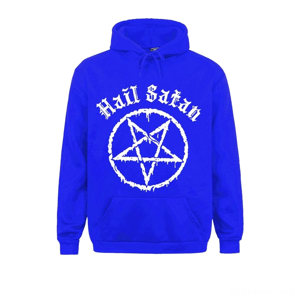 Royal blue satanic hoodie with white dripping gothic logo and pentagram design, unisex alternative fashion streetwear