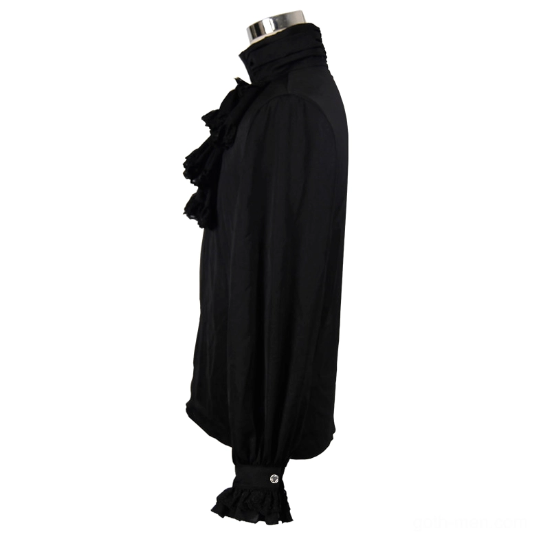 Side angle of black ruffled Gothic shirt on mannequin displaying voluminous neck ruffles and textured cuff details