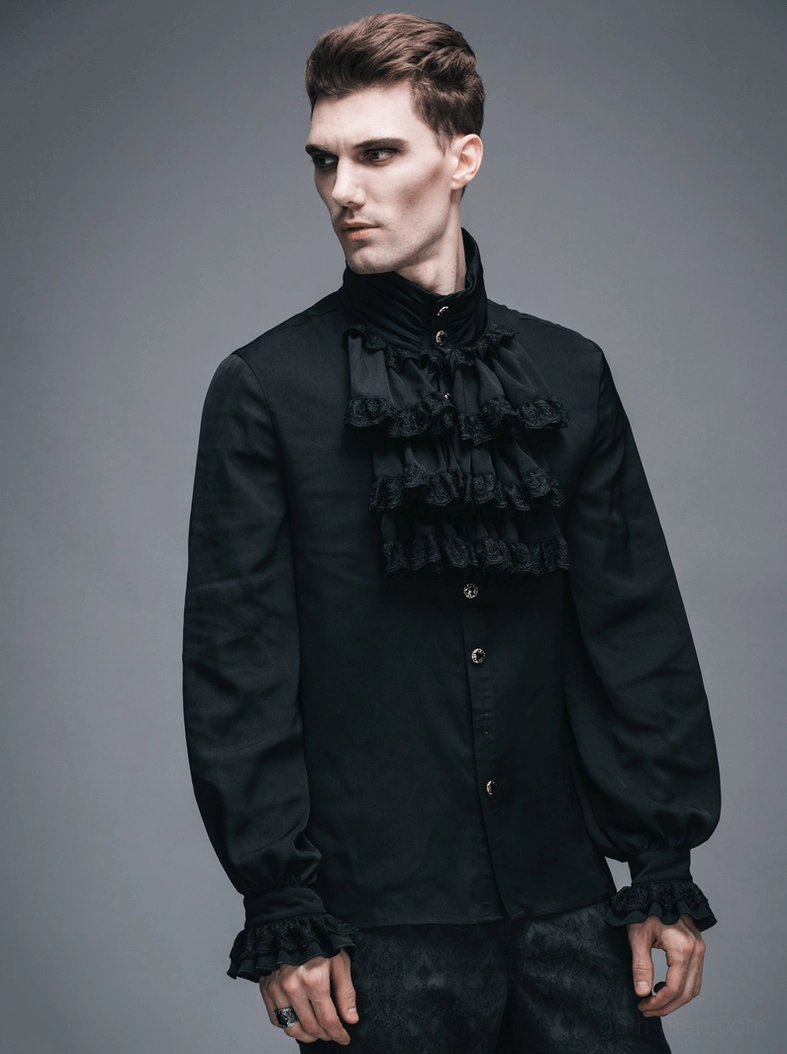 Close-up detail of Gothic shirt's ruffled jabot collar and fabric texture, showcasing quality of polyester weave