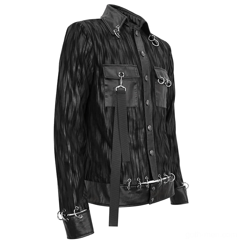 Three-quarter side view of black punk gothic jacket with front strap details and hardware