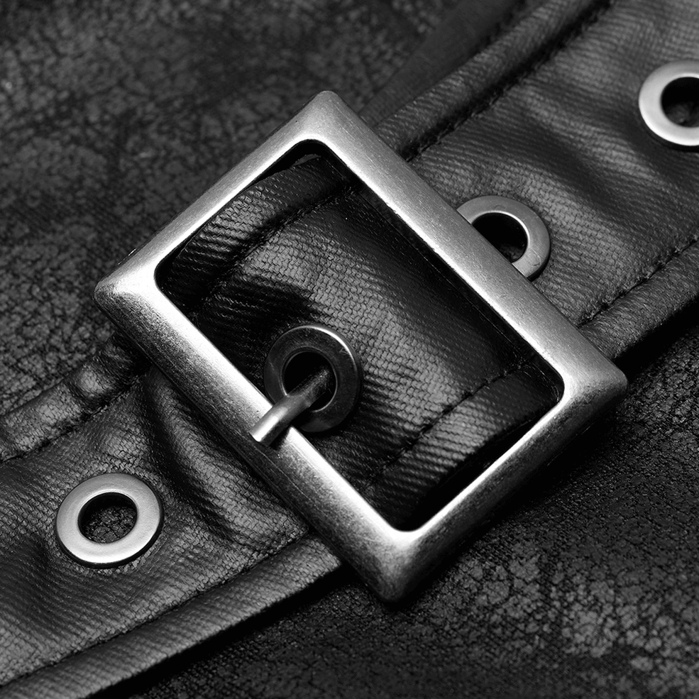 Leather harness strap adjustment mechanism - single metal buckle and precision grommet reinforcement detail