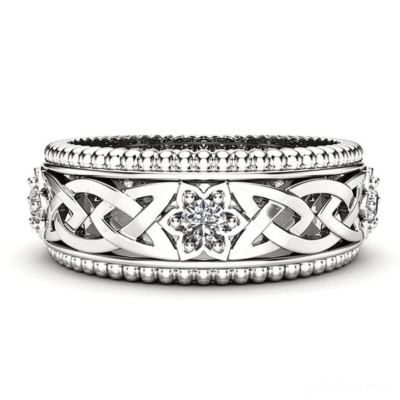 Silver Celtic knot zircon gothic ring front flat view with beaded edges, floral central zircon stone, and decorative side zircons
