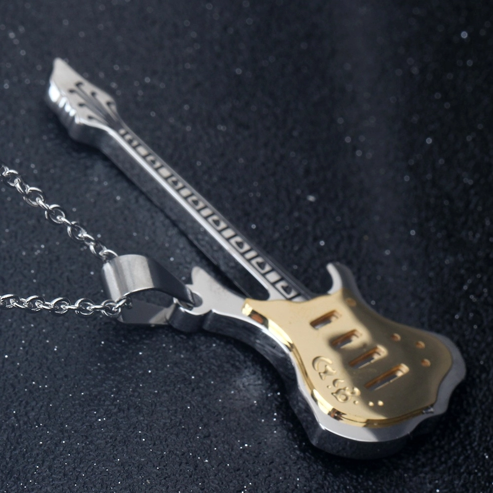Full bicolor guitar pendant with complete engraved guitar details and gleaming silver-gold finish on glittery background