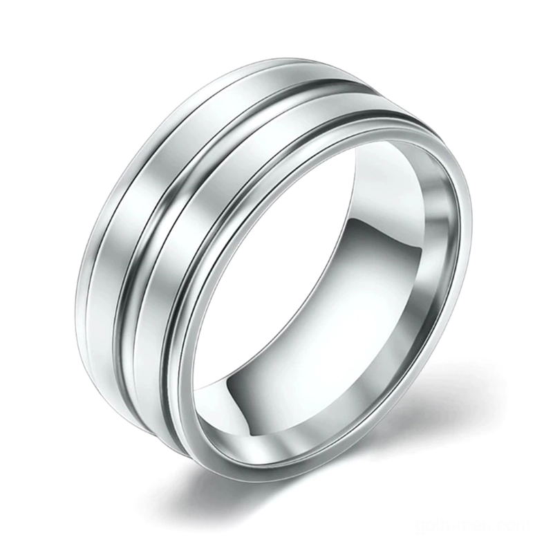 Silver stainless steel gothic band ring with signature double-groove pattern, minimalist alternative design