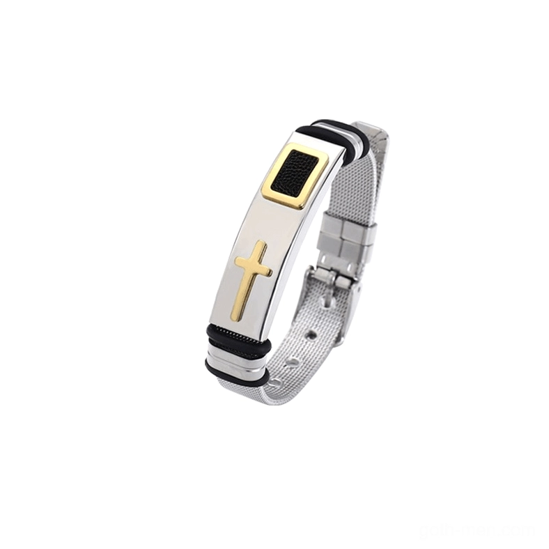 Silver polished stainless steel cross bracelet with mesh strap band and gold cross accent shown in three-quarter angle