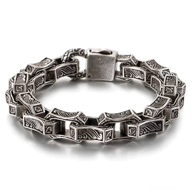 Silver gothic engraved stainless steel chain bracelet with textured links