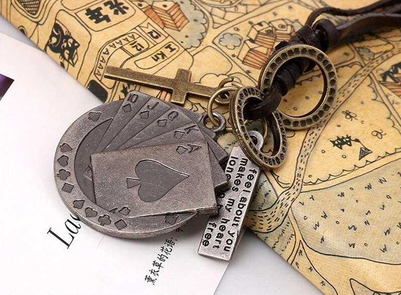 Silver poker cross gothic necklace with engraved text charm and cross pendant on vintage map background