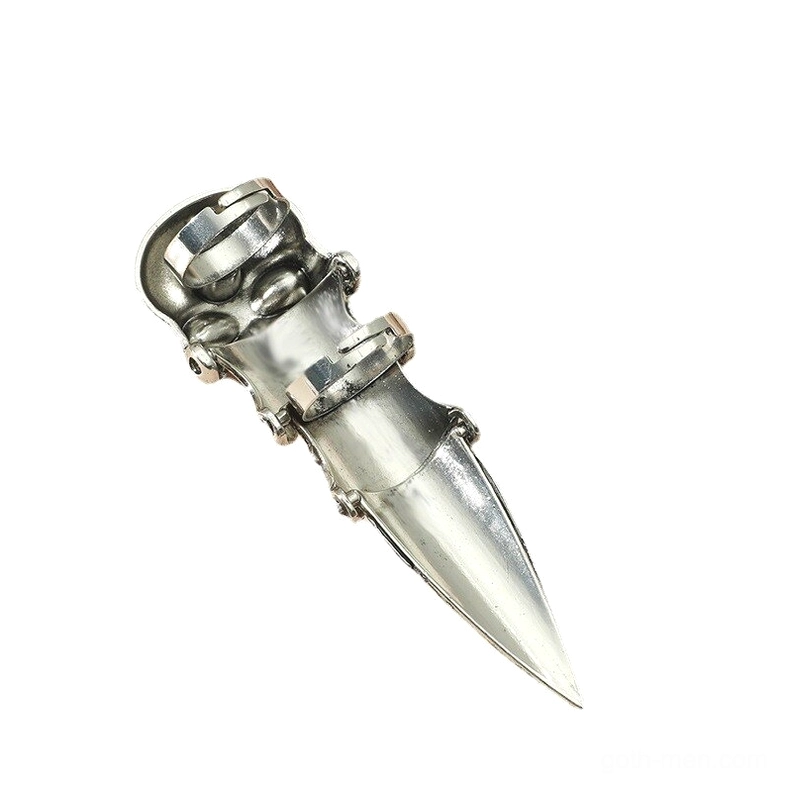Silver gothic skull claw ring - side angle flat lay displaying jointed metal structure and detailed engravings