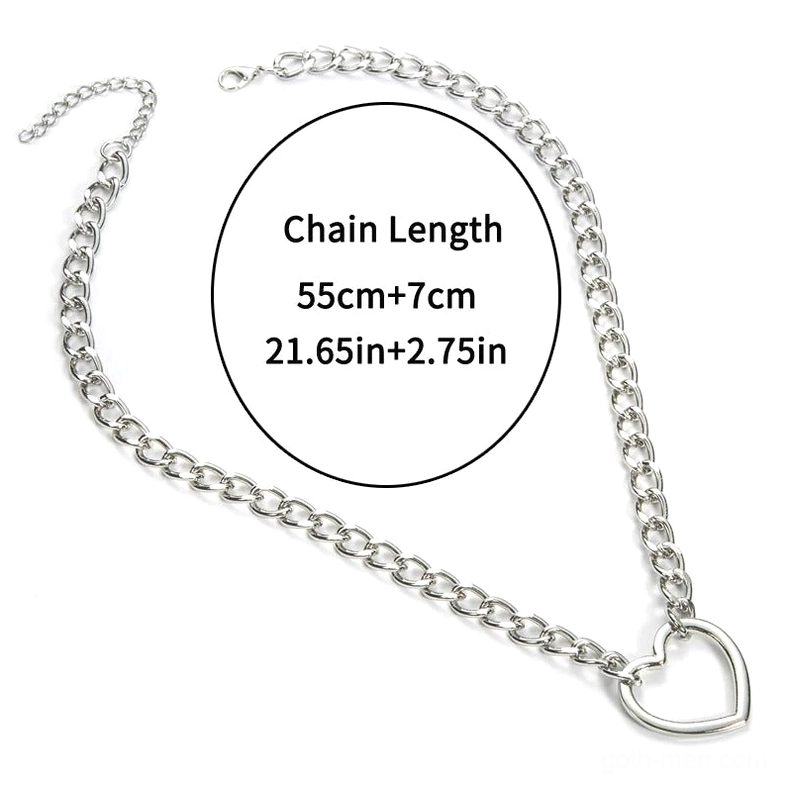 Silver hollow heart gothic pendant necklace laid flat showing total length 55cm plus 7cm extension, lobster claw clasp detail, top-down view
