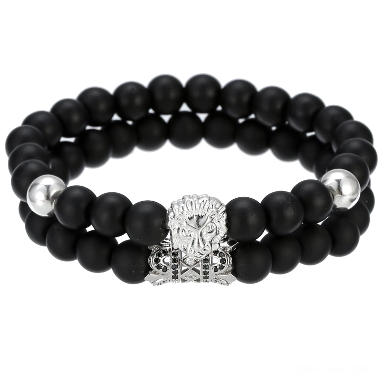 Silver lion head gothic bracelet with black stone beads - alternative fashion jewelry