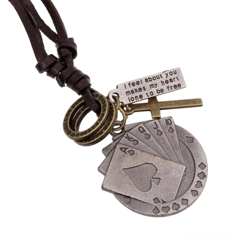 Silver-toned poker cross leather necklace with royal flush stacked card design and cross charm