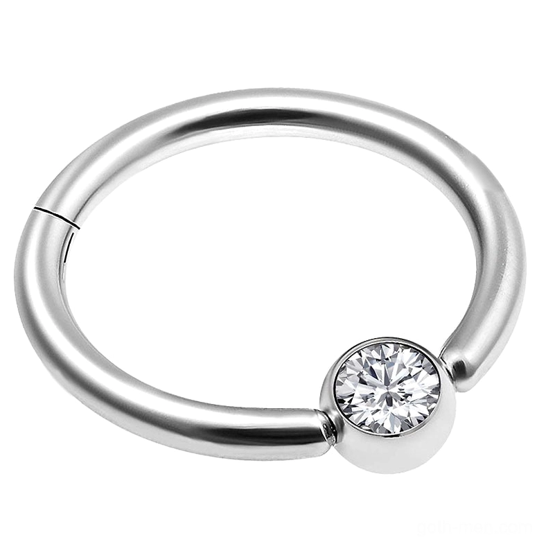 Silver polished surgical steel double-layer clicker nose ring with inlaid cubic zirconia