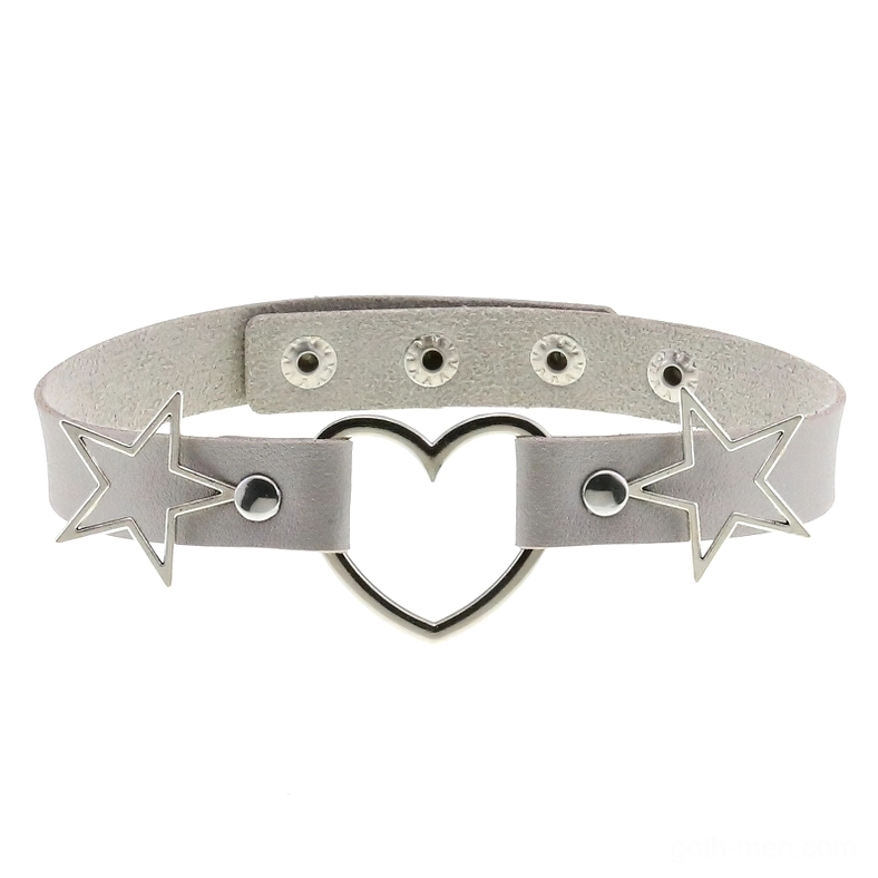 Silver metallic PU leather choker necklace with hollow heart and star accents, flat lay display for contemporary gothic fashion accessories