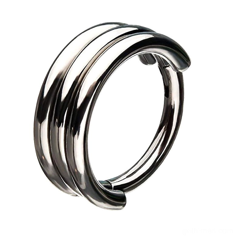 Silver stainless steel triple-layer clicker nose ring - front side angle showcasing bright polished metal and segment closure mechanism