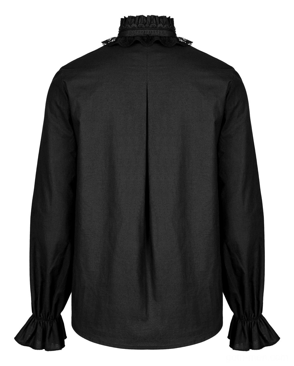 Skeleton embroidered gothic shirt rear view on dress form with central back pleat and flared ruffled cuffs detail